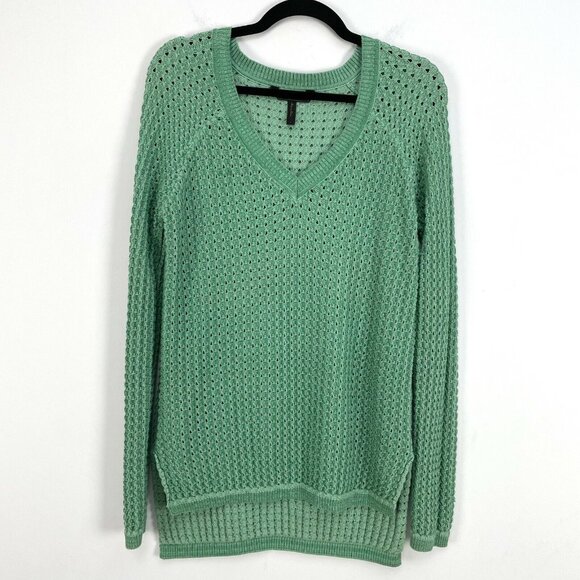 BCBGMAXAZRIA Large Dusty Jade Green KENT V Neck Sweater Open Knit Pullover - Picture 7 of 15